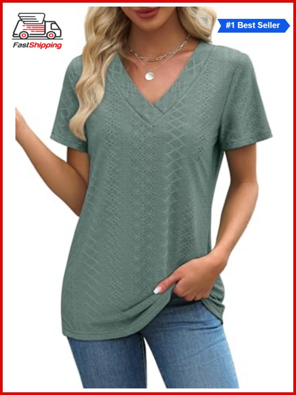 β¨Women's Eyelet Crossed V Neck Short Sleeve T-Shirt - Picture 2 of 6